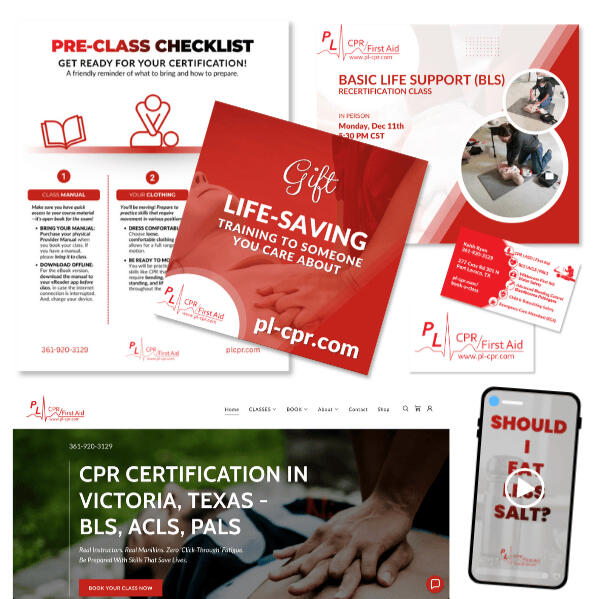 PL-CPR (Port Lavaca CPR) Marketing Social media short video, eGift campaign, flyer, ad, business card, website
